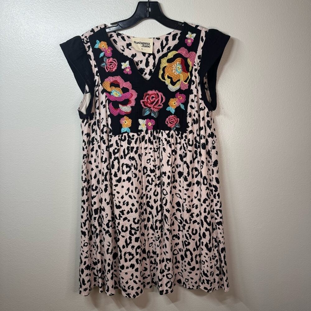 SAVANNA JANE Shift Dress Leopard Print Embroidered Floral Dress Size Small